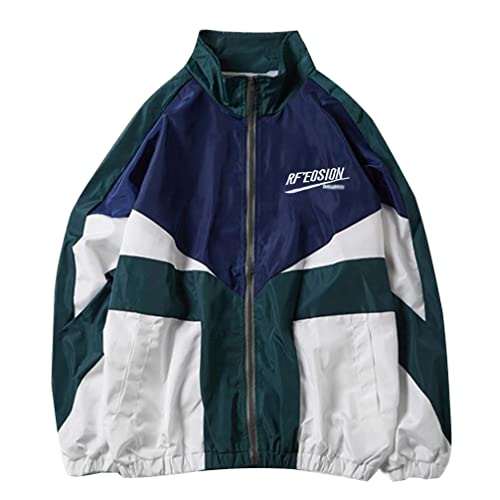 Minetom Damen Patchwork Farbblock Oversize Hip Hop Jacke Teenager Mädchen Mantel Sport Übergangsjacke Windbreaker College Jacke F Blau L