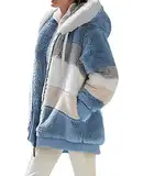 ABINGOO Damen Mantel Kapuzenjacke Winterjacke Mode Warm Hoodie Pullover Jacken Reißverschluss Plüschjacke Fleecejacke Oberteile(Blau,2XL)