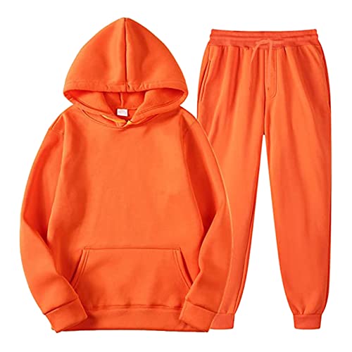 Generisch Jogginganzug Herren Trainingsanzug Freizeitanzug Einfarbig Hoodie Kapuze Langarm Mit Taschen Hausanzug 2-Teilig Fitness Kapuzenjacke Jogginghose Orange Jogginganzug Sportanzug Set