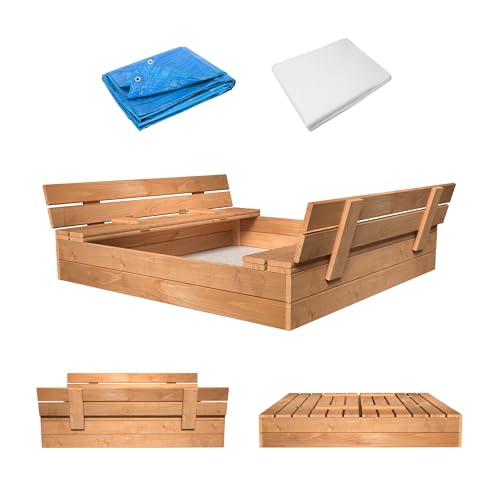 MAMOI Sandkasten mit Deckel 120x120 Sandbox Imprägniert Sandkiste mit Sitzbänken Holz Spielzeug Abdeckung Sitzbänken 150x150