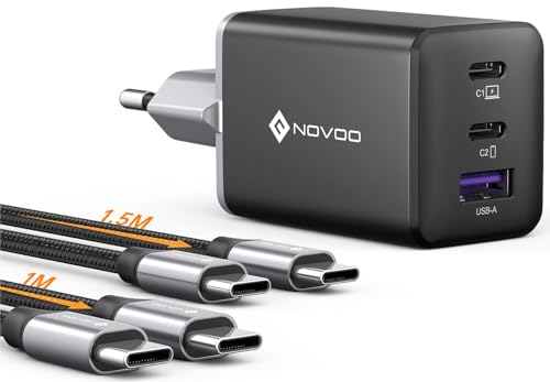 NOVOO 67W USB C Ladegerät 3-Port GaN Ⅲ USB C Netzteil Schnellladegerät mit 2 PD 100W Typ-C-Kabeln Wandladegerät für MacBook Pro 14'',Dell XPS 13,iPad Pro,iPhone 15,Galaxy S24/S23,Note20,Apple Watch