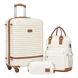 COOLIFE Koffer Trolley Koffer Reisekoffer von ABS Hartschalen Trolley 4 Rollen TSA-Schloss Der Koffer Enthält 1 Reiserucksack und 1 Kulturbeutel (Weiß/Braun, Mittlerer Koffer-Set 3tlg)