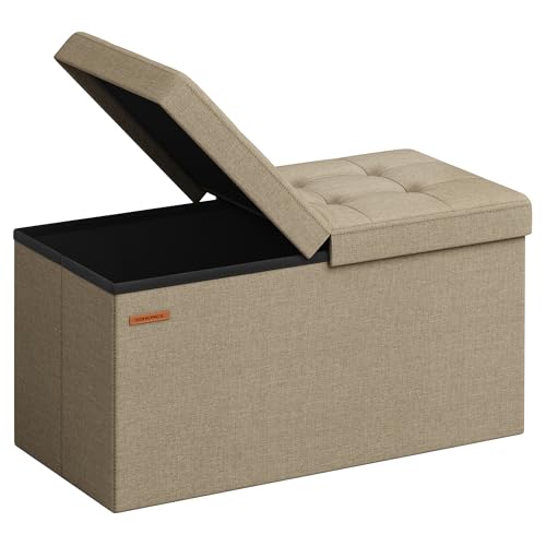 SONGMICS Sitzbank mit Stauraum, klappbare Sitztruhe, Aufbewahrungsbox, 38 x 76 x 38 cm, Deckel klappbar, bis 300 kg belastbar, für Flur, Wohnzimmer, Schlafzimmer, Kamelbraun LSF046K01