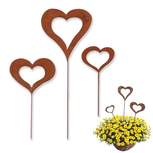 cuhostki Herzen Stecker Gartendeko, 3 stück Blumentopf Deko Stecker Herz aus Edelrost Metall, Design Gartendeko für Garten Beet Roststecker Blumenstecker