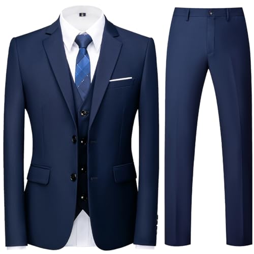 Allthemen Herren Anzug 3-Teilig Slim Fit Einreihig Zwei Knöpfe Hochzeit Smoking Anzug Blazer Weste Hose Blau1 L