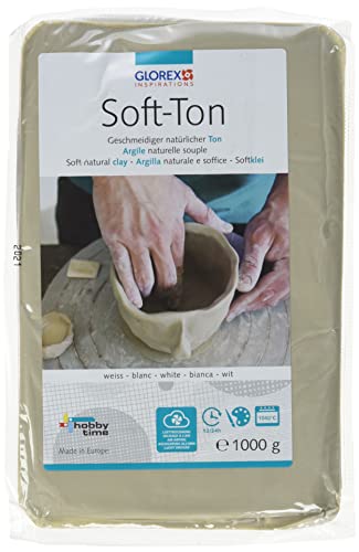 GLOREX 6 8075 201 - Soft Ton weiß 1000 g, natürlicher, besonders weicher und geschmeidiger Ton, lufthärtend und für Brennofen geeignet, sehr gut für Kinder geeignet