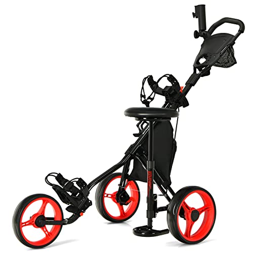 COSTWAY Golf Trolley, 3 Rad Golftrolley klappbar, Golfcaddy aus Aluminum mit Sitz, Verstellbarer Griffe & Vorderrad, Golfwagen mit Schirmhalter & Aufbewahrungstasche (Rot, Mit Sitz)