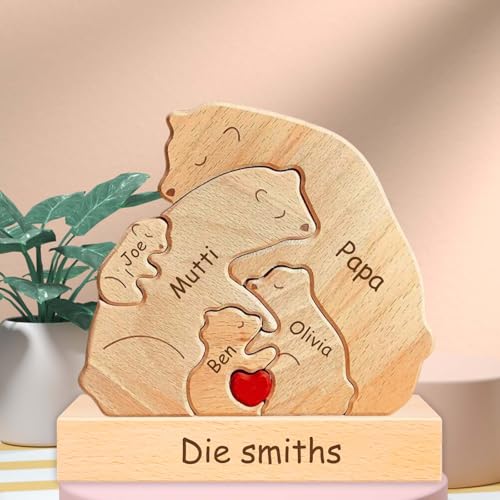 Personalisiertes Holzkunstpuzzle der Bärenfamilie Geschenk mit 2-7 Namen We Are One Holz Bär Skulpturen als Desktop Ornament Personalisiertes Geschenk für Muttertag Vatertag Weihnachts (Stil-B)