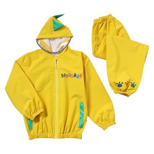 Dioshark Regenanzug Jungen Wasserdicht Regenjacke mit Kapuze und Hosen Gelb Dinosaurier Regenmantel Regenhose Regen Set Matschanzug mit Reflektor Wandern Outdoor für Kinder Alter 6-7 Jahre, 2XL