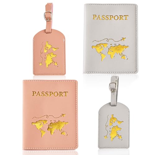 Reisepasshülle, Reisepass Organizer, Passport Cover für Kreditkarten, PU-Leder Reisepass Passaporto und Kofferanhänger 2er Set, für Herren Damen, Schutzhülle Halter für Reisedokumente (Grau/Rosa)
