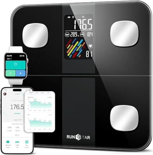 RunSTAR Körperfettwaage Digitale, Personenwaage mit hoher Genauigkeit großem Display für BMI, Herzfrequenz und Analyse von 15 Körperwerte, synchronisierbar mit Fitness-App, Tragfähigkeit bis zu 180kg