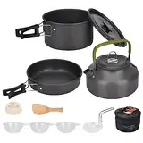 Cozywind Camping Kochgeschirr Set für 2-3 Personen Camping Topf Set Outdoor Camping Kochset aus Aluminium Campingkochtopf 10-Teiliges Campingkochgeschirr Picknick Töpfen für Wandern Trekking (Schwarz)