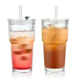 VITEVER 2 Stück 600ml Gerippte Glasbecher mit Deckel und Strohhalm, Eiskaffee Gläser, Longdrinkglas Set, Smoothie Becher, luftdichtes und wasserdichtes Design, ideal als Kaffee