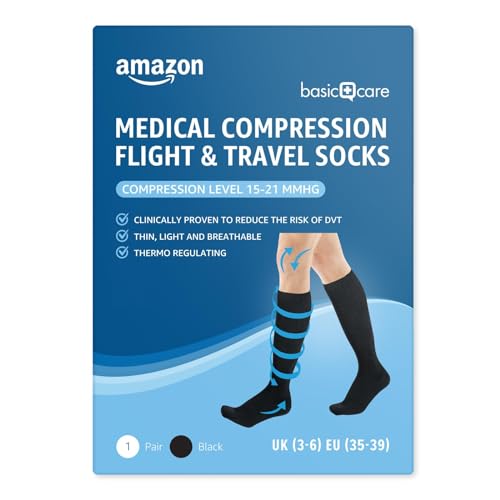 Amazon Basic Care Medizinische Kompressionssocken für Flug und Reisen, Größe 39-43, Schwarz