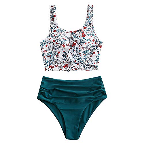 ZAFUL Zweiteiliger Bikini Set, verknotet Oberteil Tankini mit Blumenmuster Sexy Beachwear Sommer （L,Blumen-Pfauenblau）