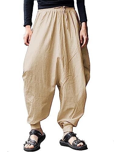 AUDATE Haremshosen Herren Baumwolle Leinen Yoga Pants Trousers Männer Lange Hosen Baggy Harem Hose Khaki XL