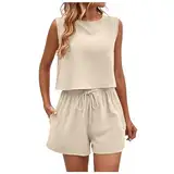 Generisch Zweiteiler Damen Sommer Elegant 2 Teiler Set Tank Top und Shorts Einfarbig Loungewear Set für Strand Urlaub Leicht Sportanzug Jogginganzug Y2K Clothes Hosenanzug