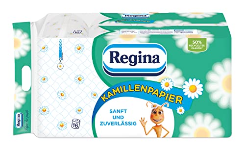 Regina Kamillenpapier 3-lagiges Toilettenpapier – 16-Rollen-Packung, 150 Blatt pro Rolle, Weich und Sanft mit Kamillenduft und FSC-zertifiziertem Papier