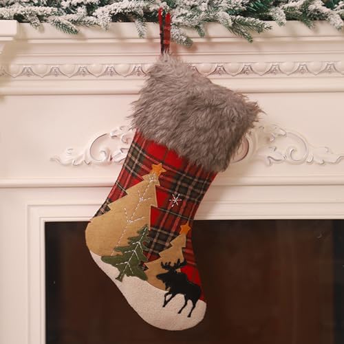 Weihnachtsstrumpf 45,7 cm, 3D mit karierter Schneeflocke, Plüsch-Kunstfell, Weihnachtsschmuck und Party-Dekoration, Stil 1
