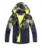 LAUSONS Kinder Gefütterte Regenjacke Jungen Camouflage Wasserdicht Jacke Leichte Übergangsjacke mit Abziehbar Kapuze Armeegrün DE: 116-122 (Herstellergröße 120)