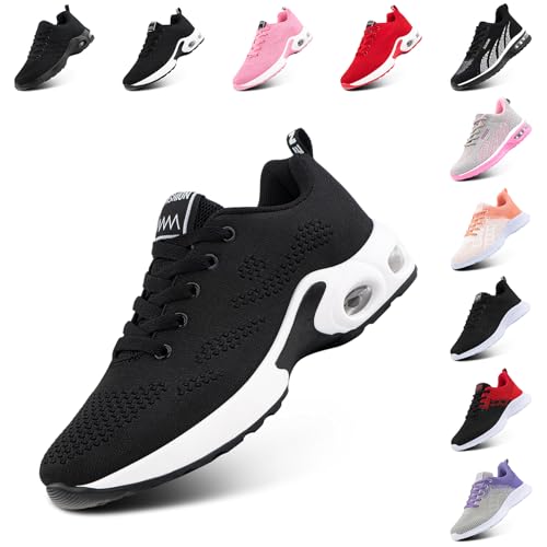 Laufschuhe Damen Sportschuhe Turnschuhe Atmungsaktiv Luftpolster rutschfeste Leichtgewichts Straßenlaufschuhe Sneaker Joggingschuhe Walkingschuhe Fitness Schuhe Schwarz EU 38