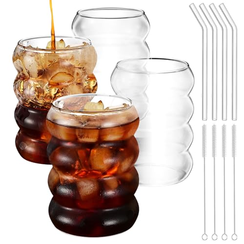 Maxentico 4 stück Latte Macchiato Gläser 400ml, Teegläser Glas Cappuccino, Kaffeegläser, Kaffeeglas, Eiskaffee Gläser, Kaffeebecher aus Borosilikatglas, mit Bürste und Strohhalm, Spiralförmig