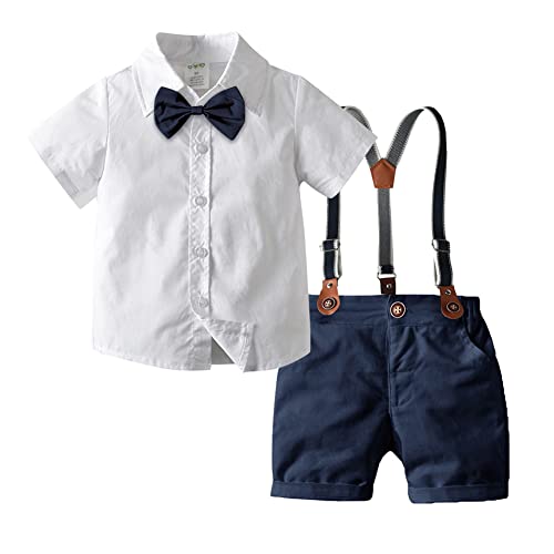 Baby Anzug Junge Hochzeit Kinder Festlich Kleidung Kurzarm Hemd+Fliege+Hosenträger+Shorts 4tlg Sommer Bekleidungssets Taufkleidung Taufanzug 1 geburtstag Outfit Dunkelblau Kurz 2-3 Jahre