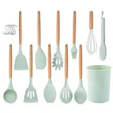 Küchenhelfer-Set 12-teilig Silikon-Kochutensilien-Set mit Holzgriff, hitzebeständig antihaftbeschichtet Kochgeschirr Zange Spatel Löffel-Set beste Küchenutensilien mit (Grün)