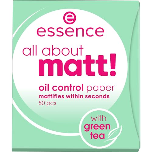 essence all about matt! oil control paper, mattierendes Papier, Puderpapier, transparent, glanzabsorbierend, matt, Nanopartikel frei, ohne Parfüm, ölfrei (50 Stück)