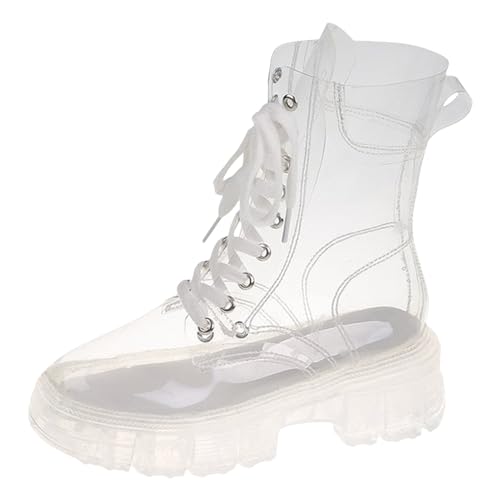 Casual Stiefeletten Stiefel DamenLeder Crystal Bottom Fashion Große Modestiefel Erhöhte Schnürung Transparente Matsutake-Gelee-Kurzstiefel mit dickem Boden Regenstiefeletten Damen (Clear, 42)