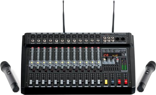 Pronomic Powermake 1200 Powermischer - 12-Kanal-Mischpult - 2 UHF-Funkmikrofone - 760 W RMS-Leistung - 24Bit Multi-Effekt-Prozessor - Bluetooth®/USB-Player/Recorder - Grafischer Equalizer - Schwarz