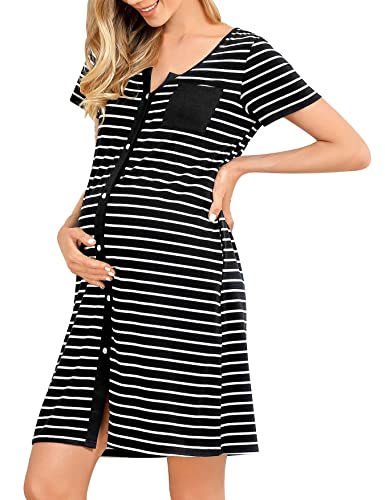 KOJOOIN Nachthemd Damen Kurzarm Stillnachthemd Baumwolle Knopfleiste Durchgehend Stillkleid V Ausschnitt Streifen Nachtwäsche mit Vordertasche A-Streifen-Schwarz L