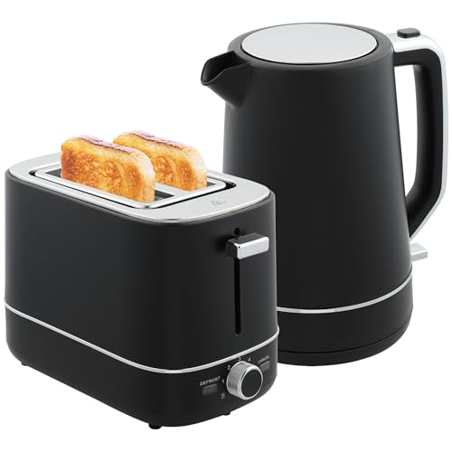 HOMCOM Wasserkocher Toaster Set 2200 W 1,7L Wasserkocher, 2 Scheiben Toaster, 6 Bräunungsstufen, Aufwärmen und Auftauen, Frühstück-Set mit Kalkfilter & Krümelfach Schwarz