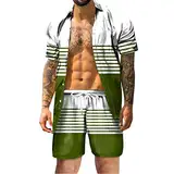 Herren Sommer Mode Freizeit Hawaii Küste Urlaub Strand Digitaler 3D-Druck Kurzarm Hemd Shorts Strand Hosenanzug Tailliert Hemd Leinenhose Beach Strand Shirt Hose Set Herren (Green, XXL)