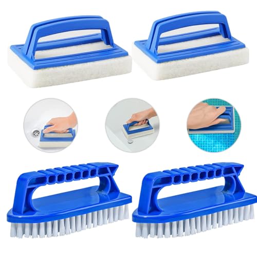 Pool Schwamm Bürsten,Forreen 4 Stück Poolreinigung Handschrubber Kunststoff Schwimmbad Bürste Wiederverwendbar Pool Handbürsten mit Griff zum Reinigen von Schmutz und Moos