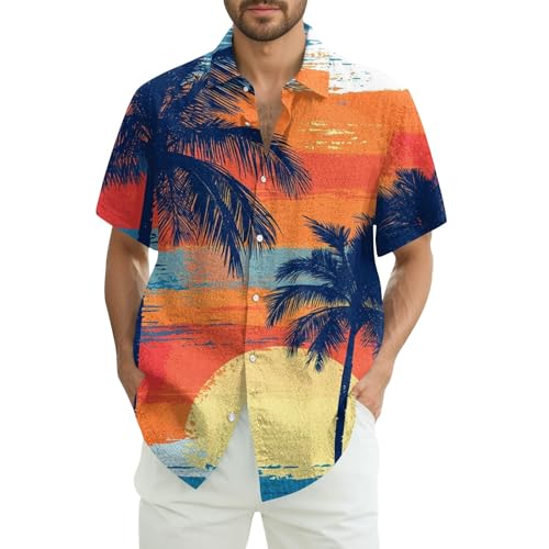 Generisch Herren Hawaiihemd Kurzarm Hawaii Hemd Männer Sommer Urlaub Button Down Hawaii-Print Freizeithemden Strandhemden Malle Outfit
