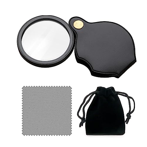 1 Stück 20-fache Lupe, 1 Wischtuch und 1 Aufbewahrungstasche, tragbares Mini-Handgerät, klappbare rotierende Lupe, mit schützender Ledertasche, zum Lesen für ältere Menschen, Scheck (schwarz)