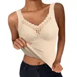 Generisch Unterhemd mit BH Damen Winter BH Hemd Ohne Bügel mit Cups V-Ausschnitt Thermo Fleece Unterhemden Ärmellos Gefütterte Tank Top Eingebauter BH Wärme und Warme Weste Halten