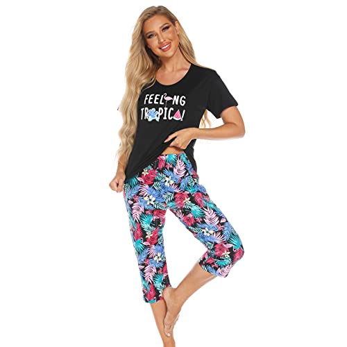 Jecarden Schlafanzug Set, Damen Nachthemd Pyjama Set Baumwolle Kurz Nachthemden Zweiteilige Kurzarm Shirt und Lang Schlafanzughose Sleepwear