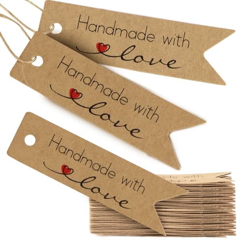 COLOFALLA 50pcs Geschenkanhänger Handmade with Love Kraftpapier Tags mit 10m Hanfseil Karton Geschenkanhänger Papier Anhänger Label mit Schnur Mit Liebe Handgemacht Etiketten für DIY