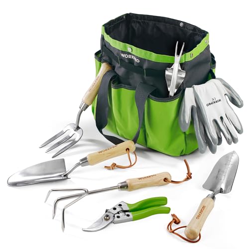 WORKPRO Gartenwerkzeug Set, 8 in 1 Gartengeräte mit Aufbewahrungstasche, aus Edelstahl, Gartenschaufel mit Holzgriff, Blumenschere, Gartenkralle, Handgrubber, Geschenk für Gärtnerinnen und Gärtner