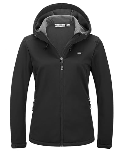 33,000ft Damen Fleece Gefütterte Softshelljacke Wasserdichte Funktionsjacke Fahhradjacke mit Kapuze Winddichte Übergangsjacke Windbreaker zum Radfahren, Wandern Schwarz 38