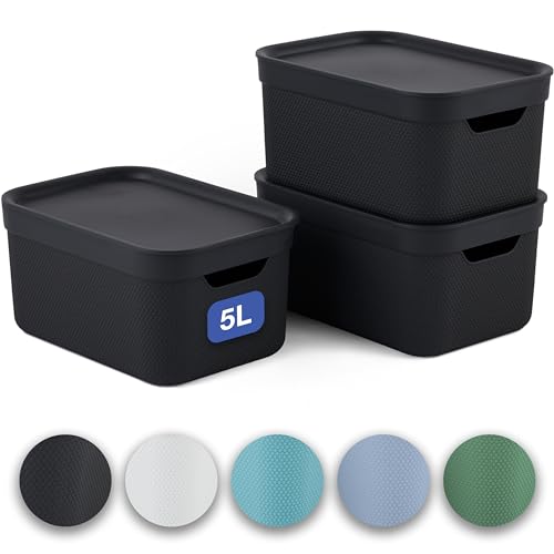 Jive Dekobox 3er-Set Aufbewahrungsbox 5l mit Deckel, Kunststoff (PP recycelt), dunkelgrau, 3x5l (27.8 x 19.5 x 22.4 cm), Schwarz, Nicht zutreffend