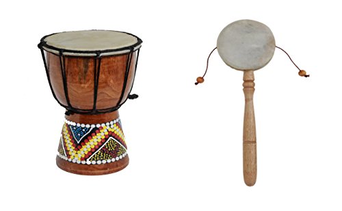 20cm Kinder Djembe Trommel Bongo Drum Deko Bunt Bemalt + Handtrommel Rassel R6