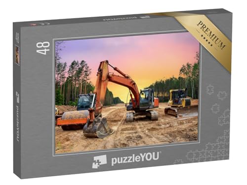 puzzleYOU: Puzzle 48 Teile „Bulldozer, Bagger und Bodenverdichter bei Straßenbauarbeiten“ – aus der Puzzle-Kollektion Bagger