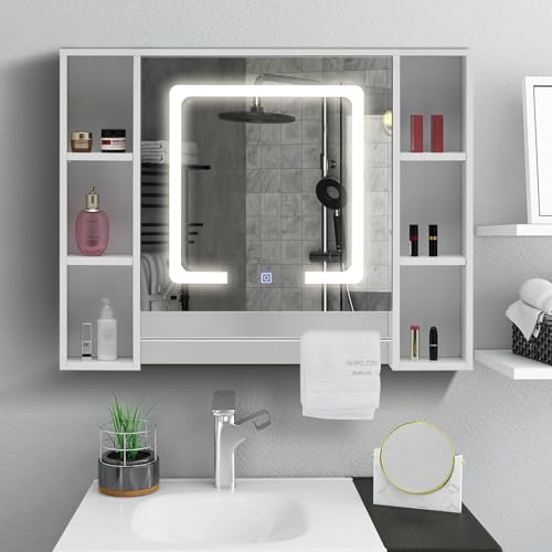 TUKAILAI Spiegelschrank mit LED-Beleuchtung, 6 offene Ablagefächer und Verstellbaren Regalen, Badezimmerspiegel mit Touchschalter Badspiegel Lichtspiegel Wandspiegel Badschrank für Badezimmer