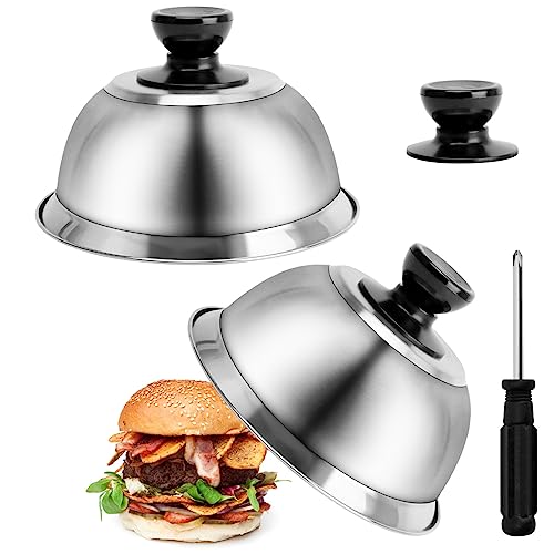 Ticeed 2 Set Burgercover Edelstahl Burgerhauben Burgerglocken Burger Cloche Glocke Set Abdeckhaube mit 3 Handhaben Schmelzglocke Burger Cover für Cheeseburger Barbecue Steak (16 x 10 cm)