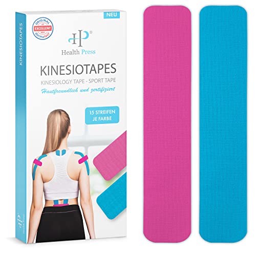 Health Press® Kinesiotapes - 30 Kinesiologie Tape Streifen Precut Blau + Rosa (25cm x 5cm) Kinesiotape - Profi Physio Tape und Sporttape - Hautfreundliche Tapes DERMATEST: SEHR GUT