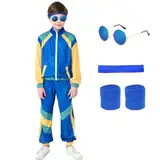 Poywuo 80er 90er Jahre Kostüm Kinder Jungen Mädchen 80s 90s Jogginganzug Trainingsanzug Sportanzug Tracksuit für Fasching Halloween Karneval Mottoparty,Blau,S(6-7 jahre)