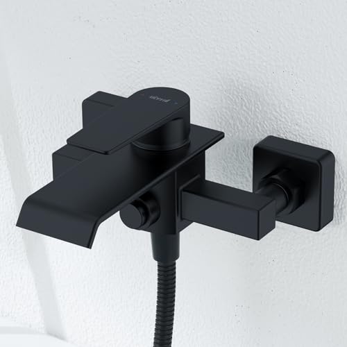 Ulytid Badewannenarmatur Wasserfall Schwarz, Wasserhahn Wannenbatterie aus Messing, Mischbatterie Wannenarmatur Badezimmer mit Druckschalter, Duscharmatur Aufputz, Armatur Badewanne für Wandmontage